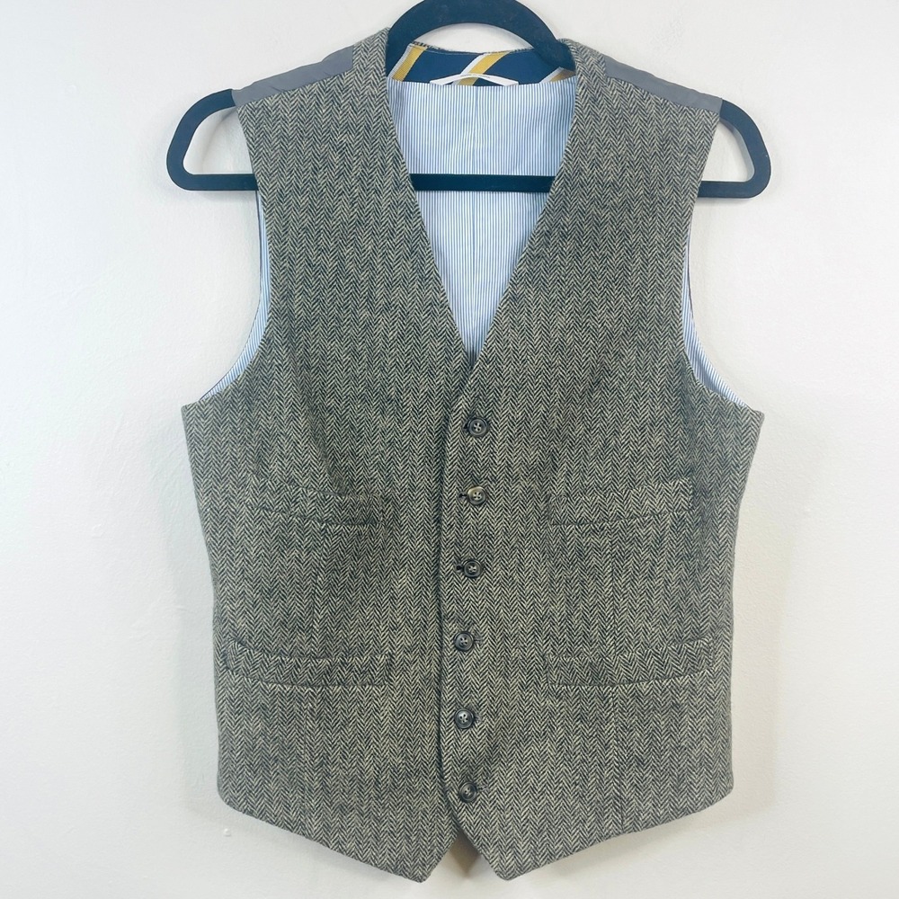 Merona Tweed Waistcoat Vest Mens Small Ivy Herringbone Wool Blend Retro Button